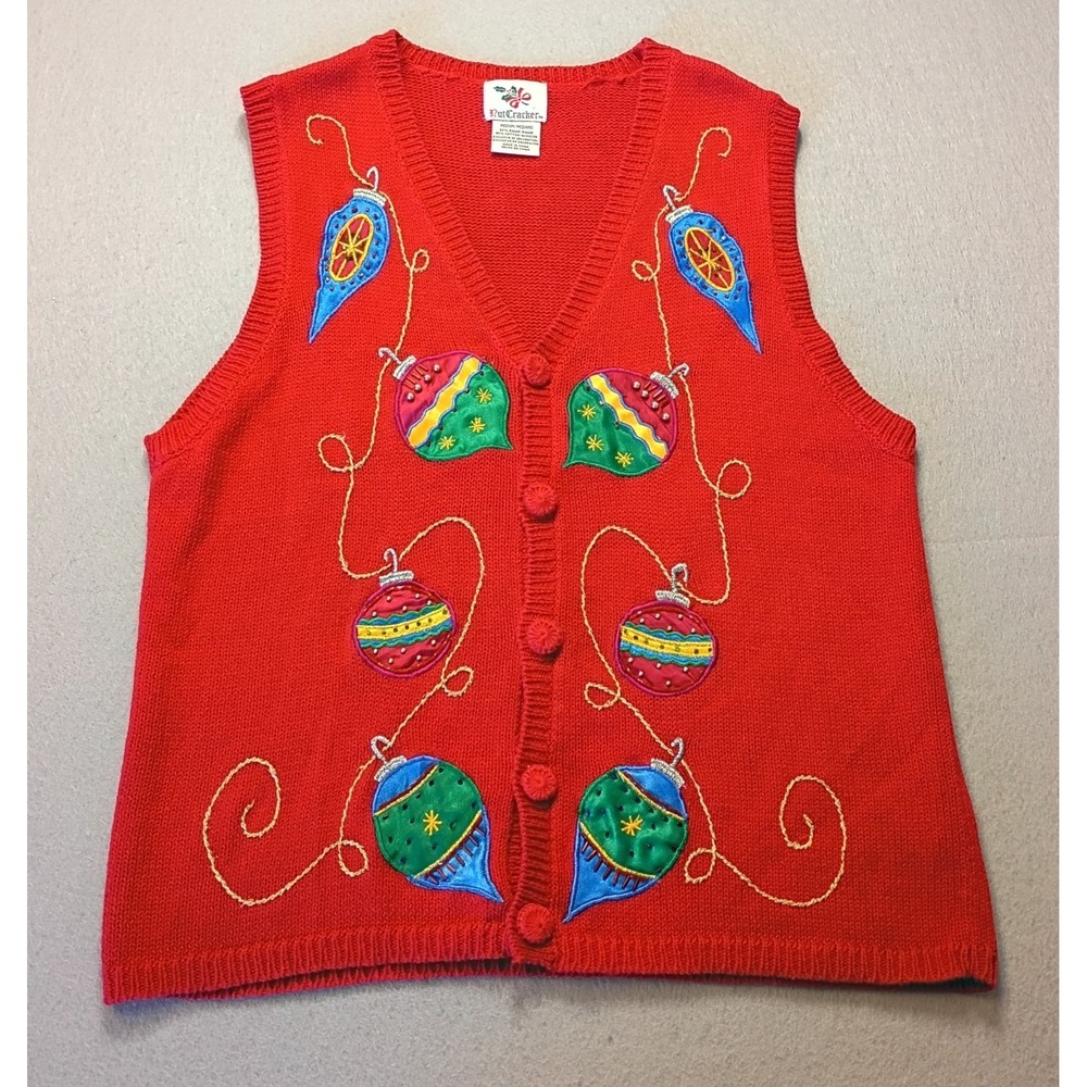 Nutcrackers Sweater Womens Medium Red Embroidered Cardigan‎ Christmas Miss Beads
